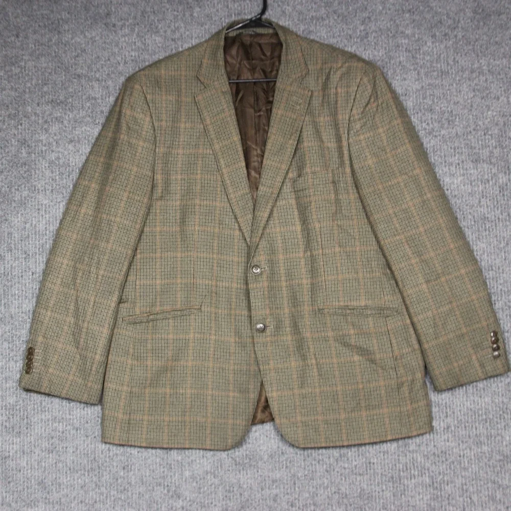 Mens Haggar Clothing Blazer Sport Coat Jacket Plaid Brown Tan‎ Green Size 44R